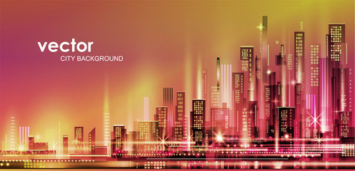 Vector night city illustration with neon glow and vivid colors.
