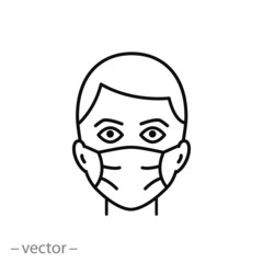 Medical mask icon, protection against flu and viral infections,mask from fine dust, protection from germs, thin line web symbol on white background - editable stroke vector illustration eps10