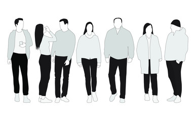 Vector silhouettes of  men and a women, a group of standing  business people,  linear sketch, black color isolated on white background