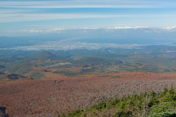 Fototapeta na wymiar Aerial fall color of the Hakkoda Mountains