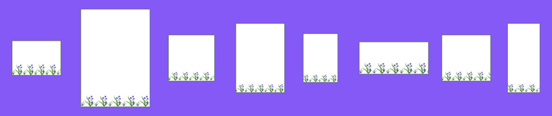 Set of different white cards with a floral pattern and place for text. Bushes of blue flowers bluebells with foliage on a white background. Seamless brush in swatches. Pattern with wildflowers.