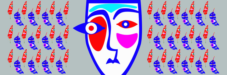 Sylized abstract portrait of a man and bird feathers on a background. Vector illustration