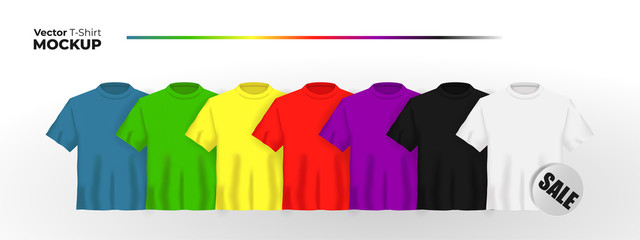 Unisex t-shirt mock up set with sale sticker. 3d realistic shirt template black, white, blue, green, yellow, red, purple color tee mockup, front view design with empty place for your print. - Vector