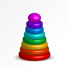 Children realistic 3d plastic toy mock up. Multicolor kid pyramid mockup on white background. Red, orange, yellow, green, blue, purple, pink color ring block build vertical tower. Vector illustration