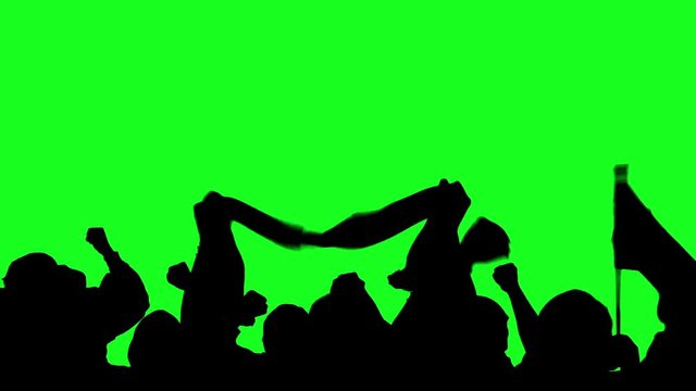 Football / Soccer fans or supporters celebrate goal being scored in match. They jump and cheer. Green Screen Chroma Key Background