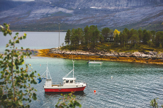 Classic Norwegian cold panoramic landscape of Efjorden fjord, Ballangen municipality, Nordland county, Ofoten district, Norway with Efjord Bridges, Stortinden mountain, Northern Norway