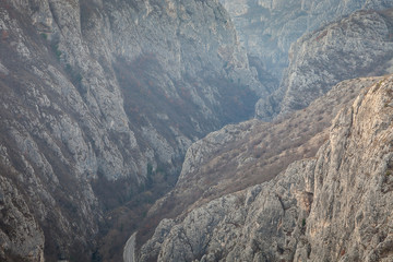 Beautiful view of Sicevo gorge (Sicevacka klisura), with road, railroad and Nisava river passing through narrow rocky canyon