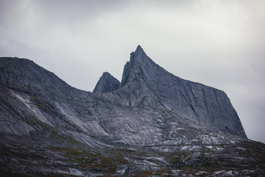 Classic Norwegian cold panoramic landscape of Efjorden fjord, Ballangen municipality, Nordland county, Ofoten district, Norway with Efjord Bridges, Stortinden mountain, Northern Norway