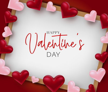 Valentines Day background with 3d pink and red hearts on whiteboard in wooden frame. Love background design concept. Romantic invitation or sale offer promo. Vector illustration.