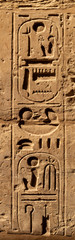 Karnak Temple, complex of Amun-Re. Embossed hieroglyphics on walls. Luxor Governorate, Egypt.