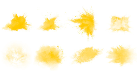 Yellow powder explosion brushes. Beautiful explode brushes collection - obrazy, fototapety, plakaty