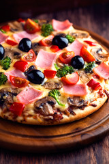 Tasty pizza with ham, broccoli, cherry tomatoes, red pepper and champignon mushrooms. Close up.