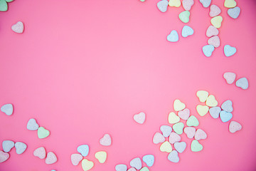 Heart shape message letter candy on pink background. Valentines day concept. 