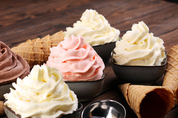soft ice cream in flavor vanilla, chocolate and strawberry. Delicous creamy refreshing ice cream