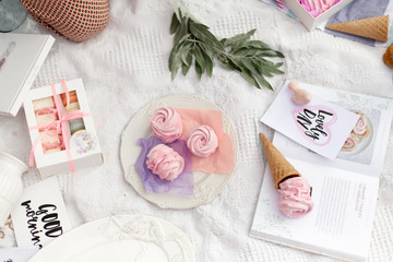 The layout of sweets in a pink girlish style.