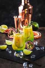 Summer passion fruit, lime and rosemary cocktail or lemonade