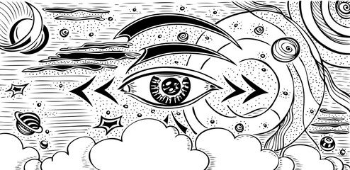 Abstract composition with Eye cosmos planets space galaxies comets stars black holes Milky Way sky clouds meteorites orbits in black white for representation higher powers in doodle style © kulik_oks