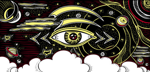 Abstract composition with Eye cosmos planets space galaxies comets stars black holes Milky Way sky clouds meteorites orbits in yellow red black white for representation higher powers  © kulik_oks