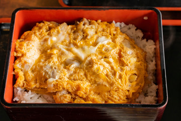 Close up shot of a box of delicious Oyakodon