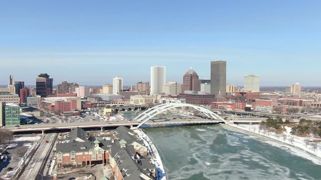 Rochester, New York downtown winter aerial footage