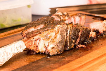 Brazilian barbecue consisting of ground rib, roasted with fruit wood, culinary ingredients, selective focus