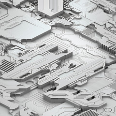 Circuit board futuristic server code processing. White technology background. 3d