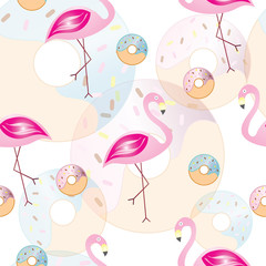 seamless pattern with flamingos and donuts vector