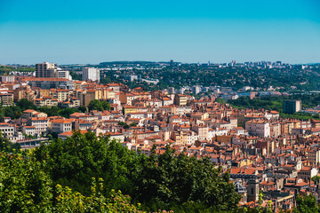 Fototapeta premium Lyon panorama elevated view on sunny day. Aerial panoramic view of Lyon with the skyline.