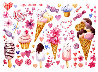 Watercolor set of elements for Valentine's day. Sweets, cakes. candies, ice cream and flowers.  And many different watercolor hears - 317818761
