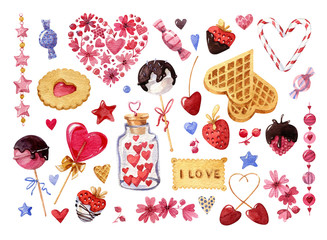 Watercolor set of elements for Valentine's day. Sweets, cakes. wafles, candies and fruits in chocolad, ice cream and flowers.  And many different watercolor hears. 