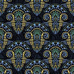 Geometric, hand drawn seamless pattern in ethnic style. Tribal, folk traditional motifs. Aztec, Peruvian, Mayan, Mexican, Native American. Vector illustration.