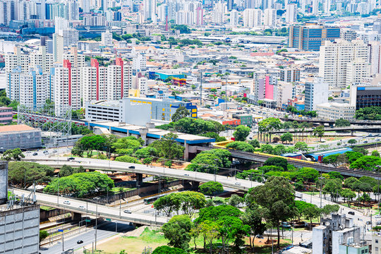 Aerial view of the Bras and Mooca neighborhoods region, of the city of Sao Paulo SP Brazil during the day. View of a big south american city. 