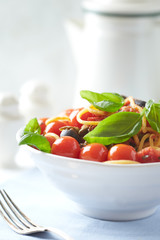 Spaghetti pasta with vegetable sauce. Bright background