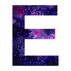 Cosmic watercolor big letter E. Hand-drawn illustration. Letter of the alphabet.