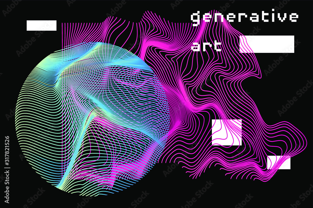 Poster Abstract background with generative art elements.  Futuristic and glitched shapes in cyberpunk style.