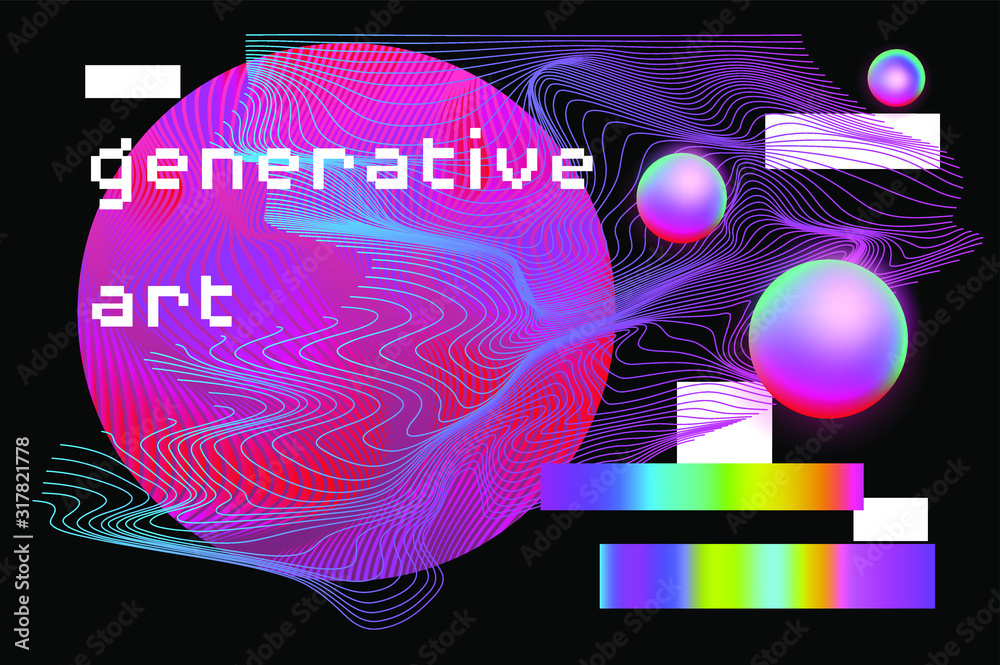 Poster Abstract background with generative art elements.  Futuristic and glitched shapes in cyberpunk style.