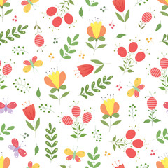 Vector flower illustration. Botanic seamless pattern with different flowers in traditional style. Folk gentle floral background
