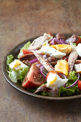  Salad with hard-boiled eggs, tomatoes, lettuce, red onion and mackerel on rustic background.