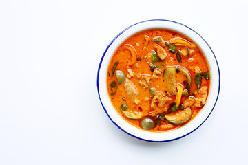 Red curry round eggplant with pork, white background.
