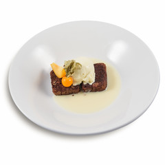 Chocolate Walnut Brownies with vanilla icecream and physalis