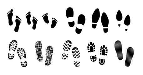 set of black human footprints or human shoe sole or funny footsteps paw. easy   to modify