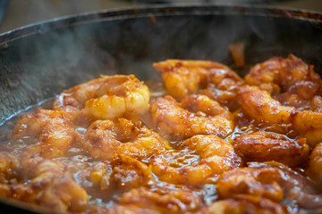 Garlic shrimp in cooking pan