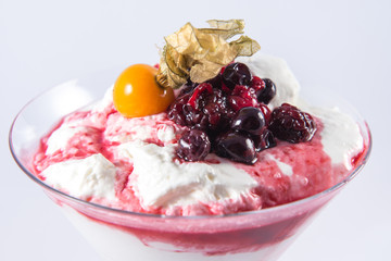 Creamy Greek Yogurt Mousse with berries and physalis