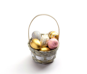 Happy Easter eggs white background. Golden shine decorated eggs in basket, for greeting card, promotion, poster