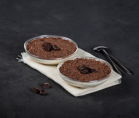 Vanilla Panna cotta, Italian dessert creamy jelly with chocolate chips and chocolate pieces on a dark background, tiramisu