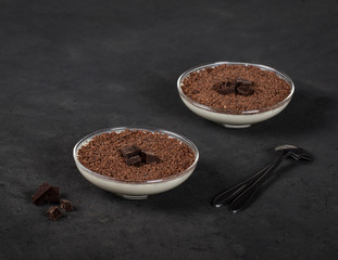 Vanilla Panna cotta, Italian dessert creamy jelly with chocolate chips and chocolate pieces on a dark background, tiramisu