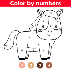 Educational game for preschool kids. Cute kawaii horse. Farm animals. Coloring page by numbers.