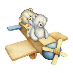 Hand drawn Watercolor Wooden Airplane with Teddy Bears. Toy. Retro toy. Plane. Teddy Bear. Watercolor Illustration on white background - 317826746