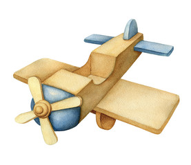 Hand drawn Watercolor Wooden Airplane. Toy. Retro toy. Plane. Aircraft. Jet. Watercolor Illustration on white background.	 - 317826748