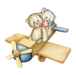 Hand drawn Watercolor Wooden Airplane with Teddy Bears. Toy. Retro toy. Plane. Teddy Bear. Watercolor Illustration on white background - 317826789